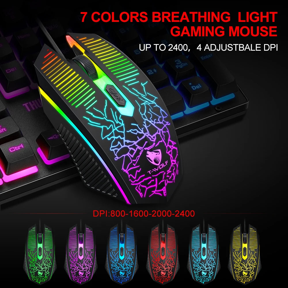 Ensemble clavier et souris gaming filaires T-WOLF TF31 (104 touches) avec tapis de souris 4D pour PC.