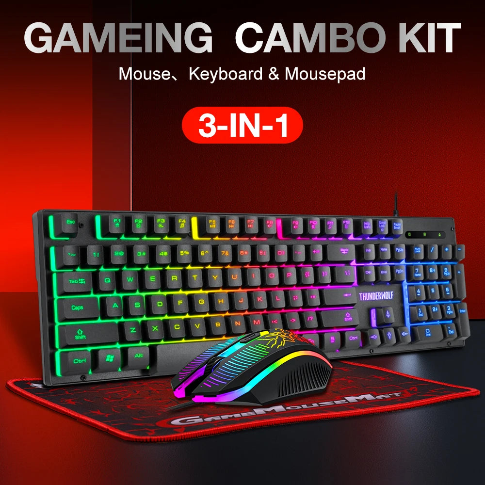 Ensemble clavier et souris gaming filaires T-WOLF TF31 (104 touches) avec tapis de souris 4D pour PC.