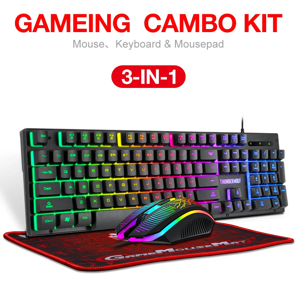Ensemble clavier et souris gaming filaires T-WOLF TF31 (104 touches) avec tapis de souris 4D pour PC.
