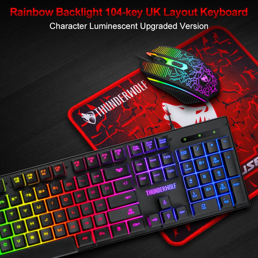 Ensemble clavier et souris gaming filaires T-WOLF TF31 (104 touches) avec tapis de souris 4D pour PC.