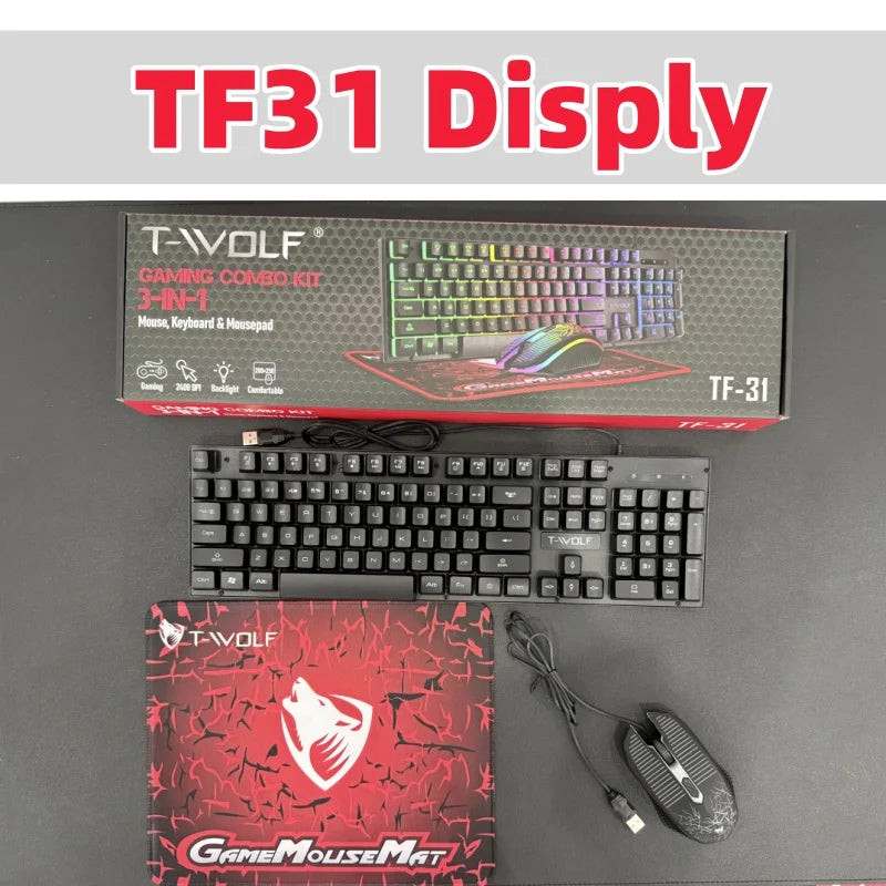Ensemble clavier et souris gaming filaires T-WOLF TF31 (104 touches) avec tapis de souris 4D pour PC.