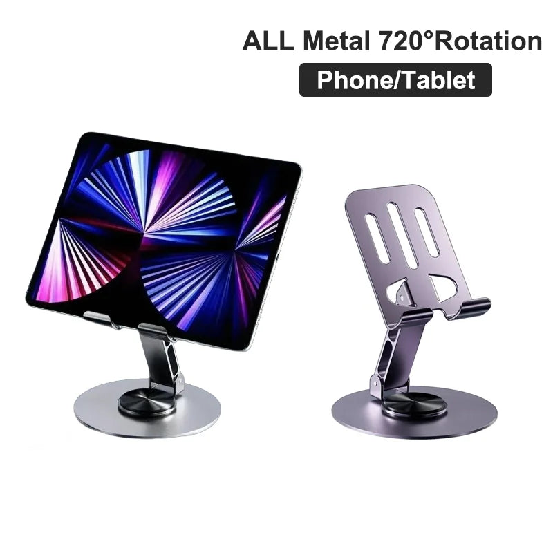 Support de téléphone rotatif à 360° entièrement en aluminium, pliable, avec double axe et fixation antidérapante stable.