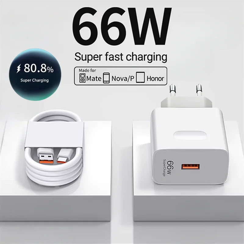 Chargeur ultra-rapide 6A 66W avec câble USB-C pour Huawei Mate 40, 50, 60, P50, P60, Nova 8, 9, 10, Honor 50, 70, 90, 100, 200 Lite, X7, X8, X9 et Magic 5