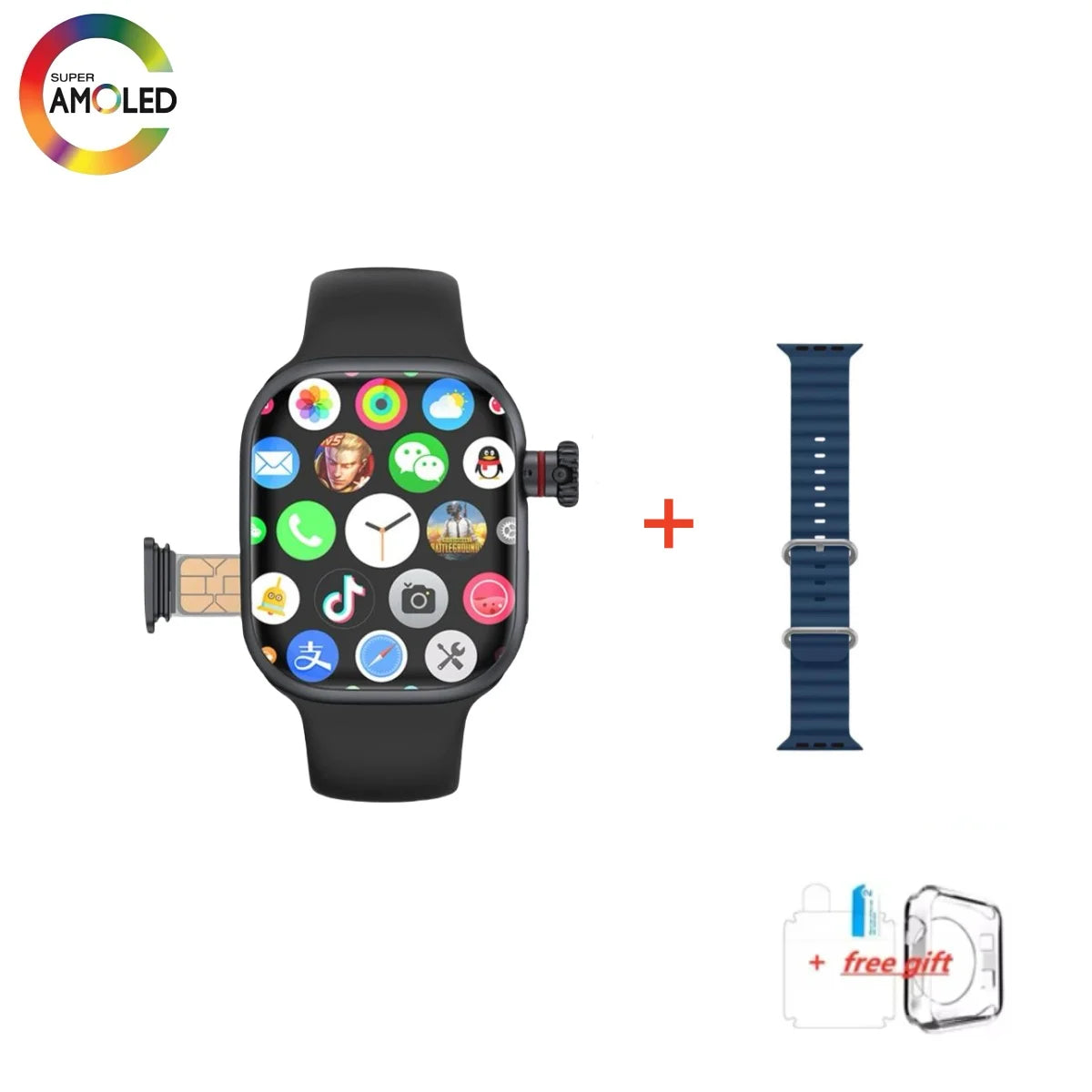 Montre connectée CD99 X 5G, écran AMOLED 2,29 pouces, connectivité 5G LTE, caméra rotative à 180°, GPS, Wi-Fi, emplacement pour carte SIM et suivi de santé.