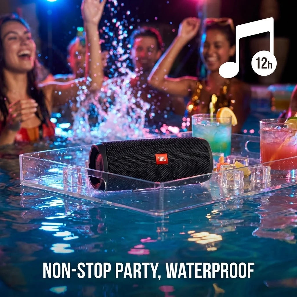 Enceinte Bluetooth portable JBL Flip 5, étanche IPX7, avec mini caisson de basses et basses profondes, idéale pour le camping et le sport en extérieur.