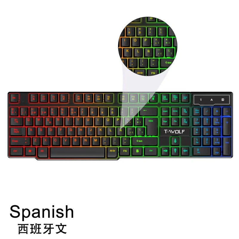 Clavier espagnol rétroéclairé pour PC de jeu, ordinateur, gamer, USB avec LED ñ, clavier filaire lumineux par câble, teclado español