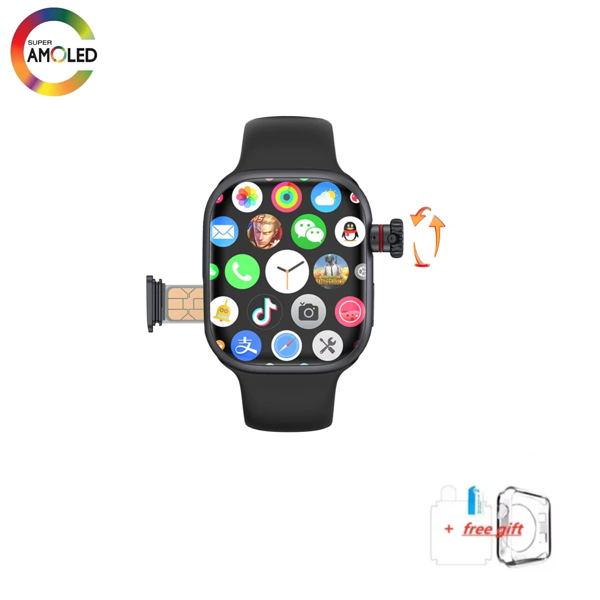 Montre connectée CD99 X 5G, écran AMOLED 2,29 pouces, connectivité 5G LTE, caméra rotative à 180°, GPS, Wi-Fi, emplacement pour carte SIM et suivi de santé.