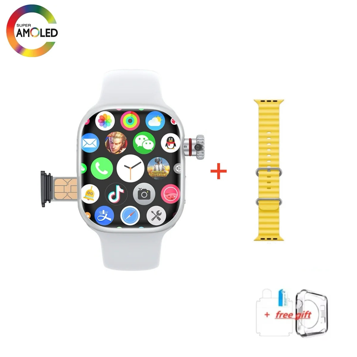 Montre connectée CD99 X 5G, écran AMOLED 2,29 pouces, connectivité 5G LTE, caméra rotative à 180°, GPS, Wi-Fi, emplacement pour carte SIM et suivi de santé.