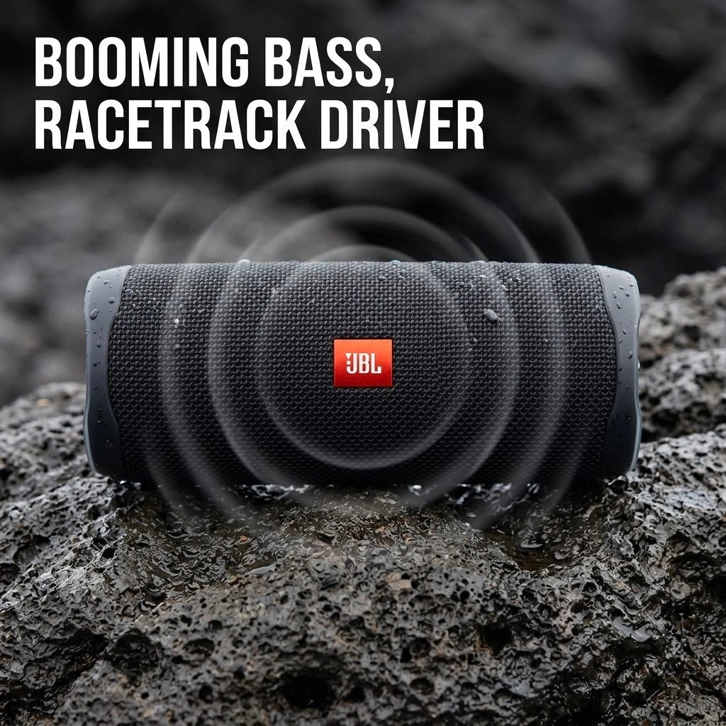 Enceinte Bluetooth portable JBL Flip 5, étanche IPX7, avec mini caisson de basses et basses profondes, idéale pour le camping et le sport en extérieur.