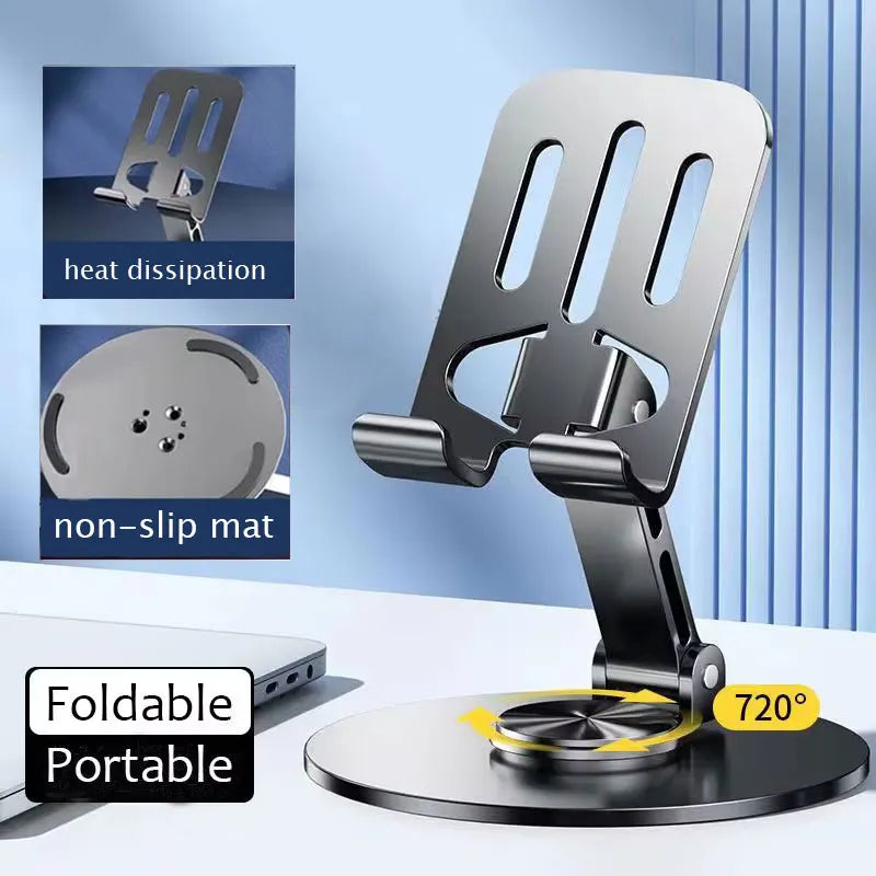 Support de téléphone rotatif à 360° entièrement en aluminium, pliable, avec double axe et fixation antidérapante stable.