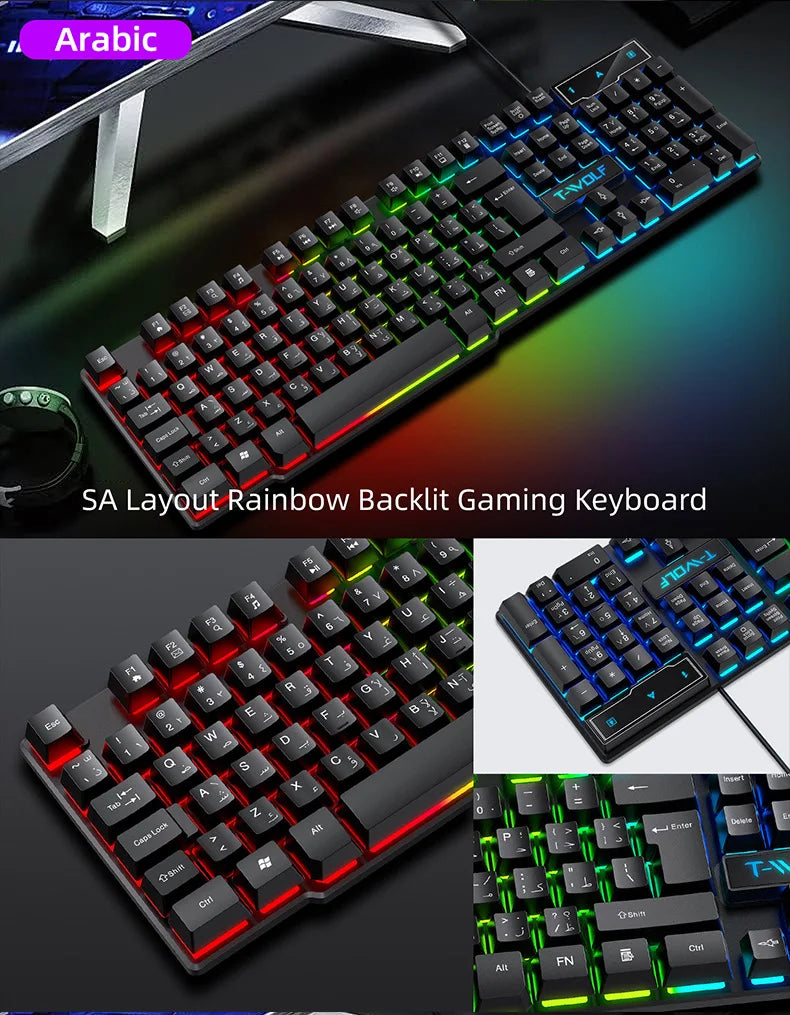 Clavier de jeu à sensation mécanique, rétroéclairage RGB, filaire, USB, touches multimédias, russe, espagnol, arabe, anglais. Compatible avec le bureau et la maison.