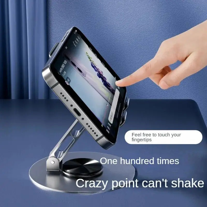 Support de téléphone rotatif à 360° entièrement en aluminium, pliable, avec double axe et fixation antidérapante stable.