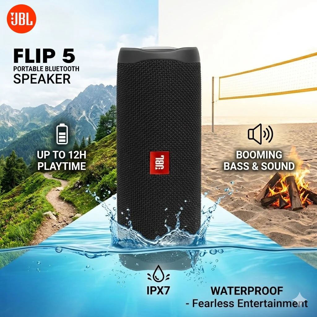Enceinte Bluetooth portable JBL Flip 5, étanche IPX7, avec mini caisson de basses et basses profondes, idéale pour le camping et le sport en extérieur.