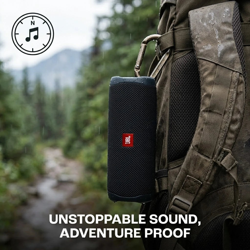 Enceinte Bluetooth portable JBL Flip 5, étanche IPX7, avec mini caisson de basses et basses profondes, idéale pour le camping et le sport en extérieur.