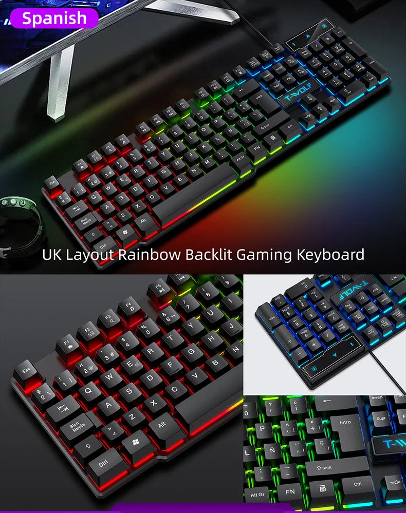 Clavier de jeu à sensation mécanique, rétroéclairage RGB, filaire, USB, touches multimédias, russe, espagnol, arabe, anglais. Compatible avec le bureau et la maison.