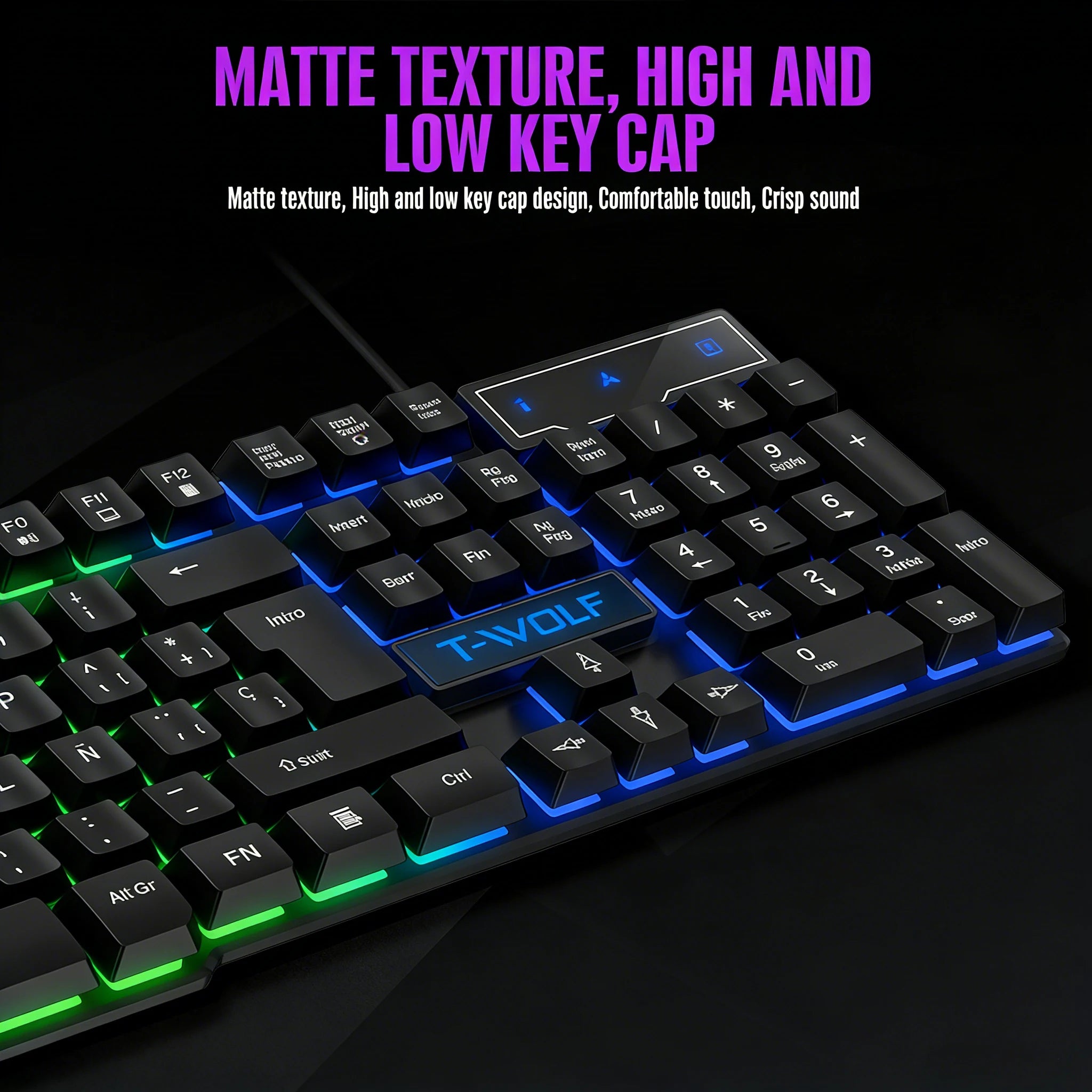 Clavier de jeu à sensation mécanique, rétroéclairage RGB, filaire, USB, touches multimédias, russe, espagnol, arabe, anglais. Compatible avec le bureau et la maison.