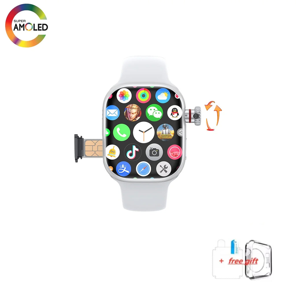 Montre connectée CD99 X 5G, écran AMOLED 2,29 pouces, connectivité 5G LTE, caméra rotative à 180°, GPS, Wi-Fi, emplacement pour carte SIM et suivi de santé.