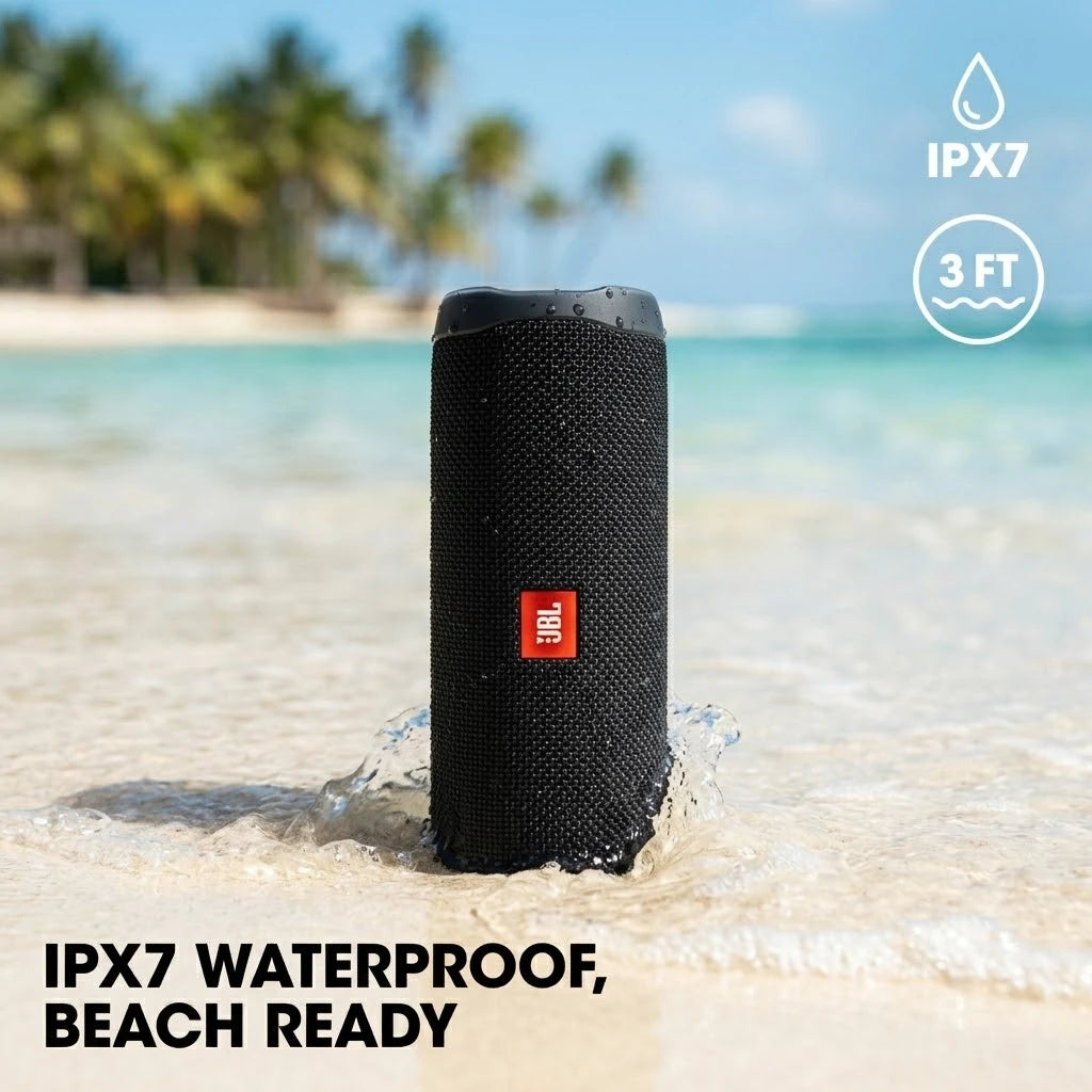 Enceinte Bluetooth portable JBL Flip 5, étanche IPX7, avec mini caisson de basses et basses profondes, idéale pour le camping et le sport en extérieur.