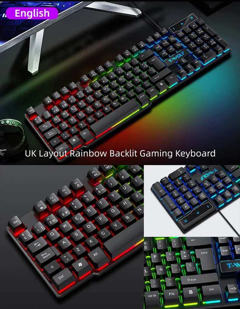 Clavier de jeu à sensation mécanique, rétroéclairage RGB, filaire, USB, touches multimédias, russe, espagnol, arabe, anglais. Compatible avec le bureau et la maison.