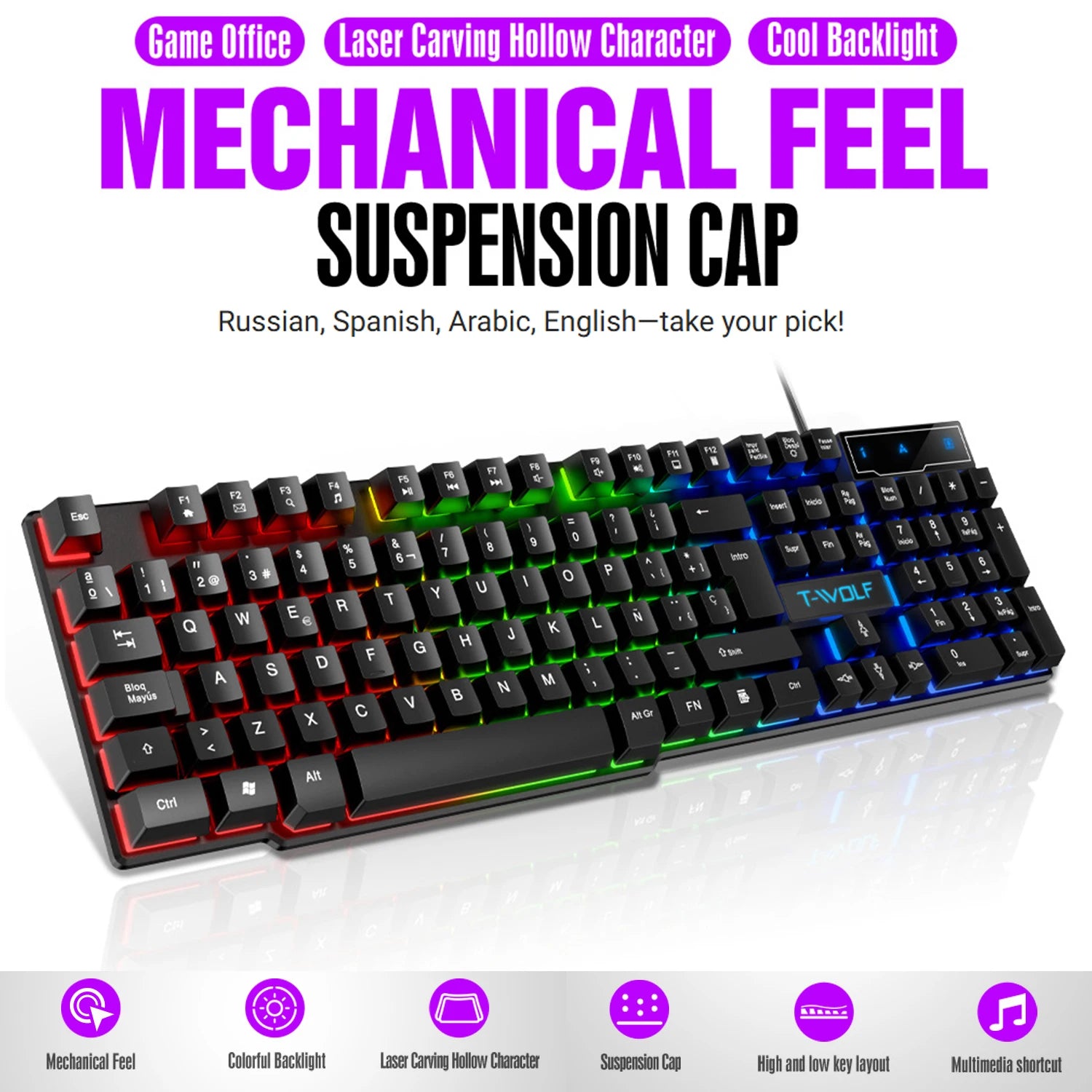 Clavier de jeu à sensation mécanique, rétroéclairage RGB, filaire, USB, touches multimédias, russe, espagnol, arabe, anglais. Compatible avec le bureau et la maison.