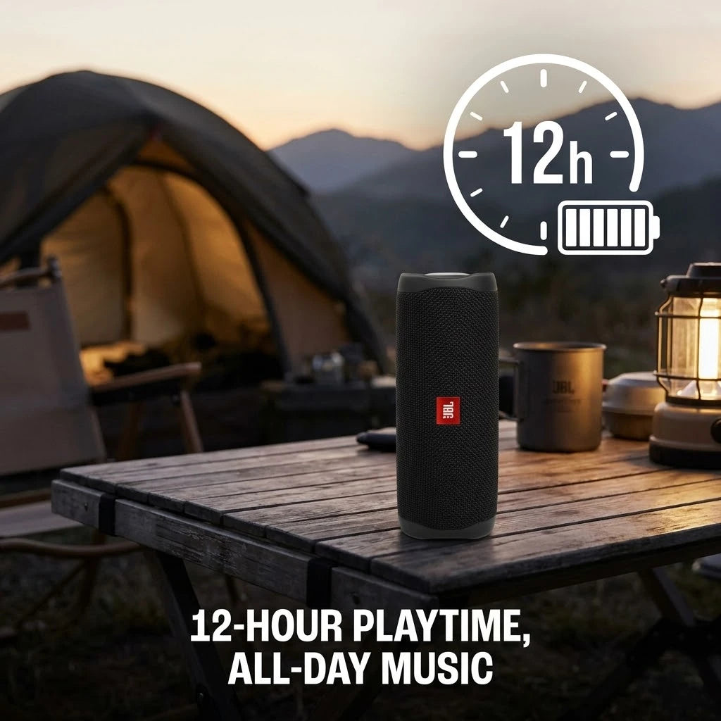 Enceinte Bluetooth portable JBL Flip 5, étanche IPX7, avec mini caisson de basses et basses profondes, idéale pour le camping et le sport en extérieur.