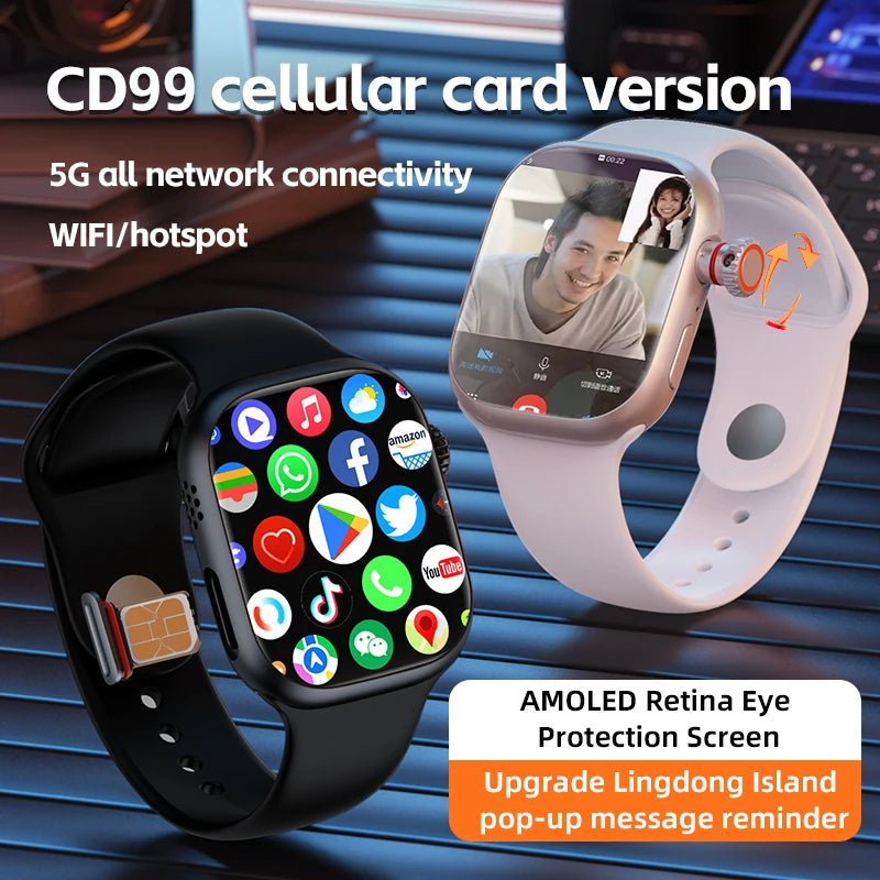 Montre connectée CD99 X 5G, écran AMOLED 2,29 pouces, connectivité 5G LTE, caméra rotative à 180°, GPS, Wi-Fi, emplacement pour carte SIM et suivi de santé.