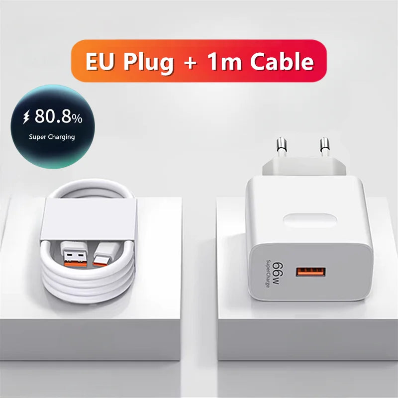 Chargeur ultra-rapide 6A 66W avec câble USB-C pour Huawei Mate 40, 50, 60, P50, P60, Nova 8, 9, 10, Honor 50, 70, 90, 100, 200 Lite, X7, X8, X9 et Magic 5