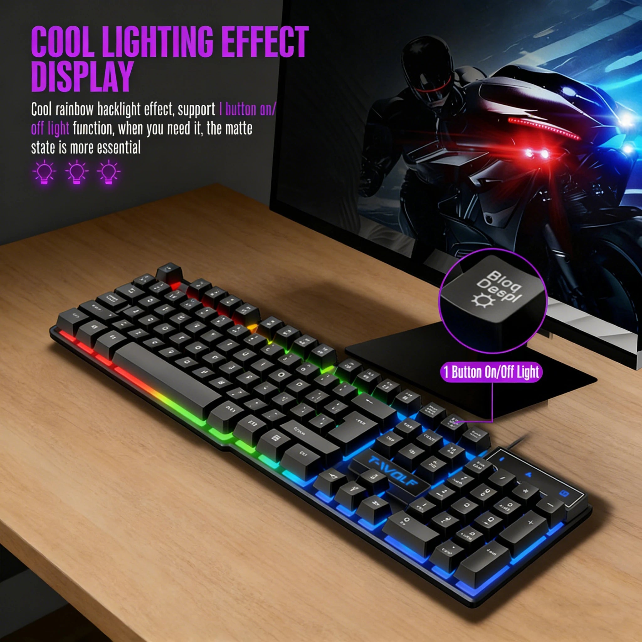Clavier de jeu à sensation mécanique, rétroéclairage RGB, filaire, USB, touches multimédias, russe, espagnol, arabe, anglais. Compatible avec le bureau et la maison.